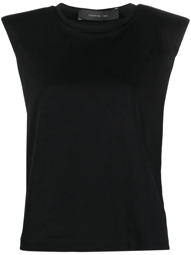 padded-shoulder sleeveless top