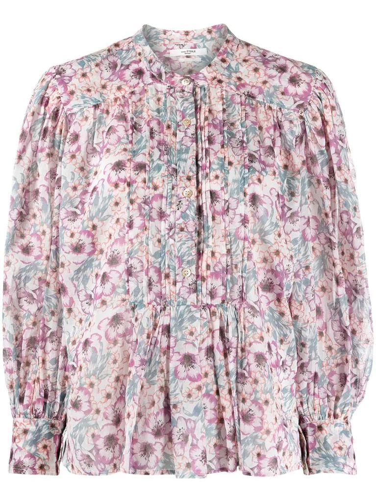 floral-print long-sleeved cotton blouse