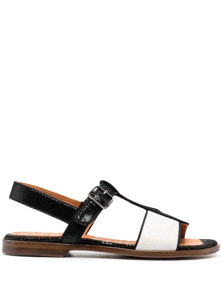 two-tone embossed T-bar sandals