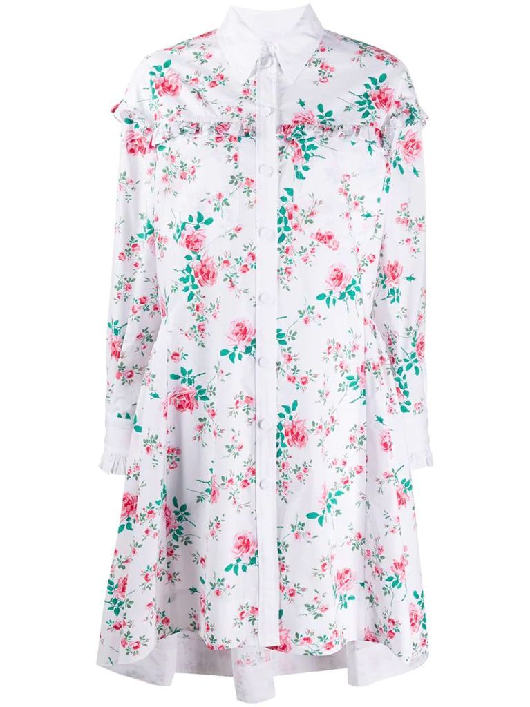 ruffle trim floral print shirt dress