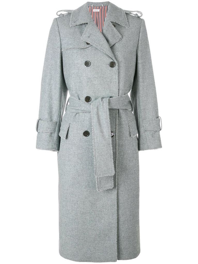 Pearl Trim Flannel Trench Coat