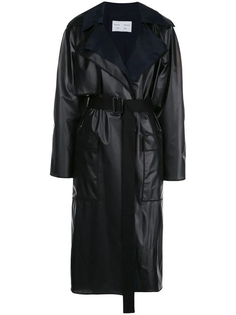layered belted raincoat