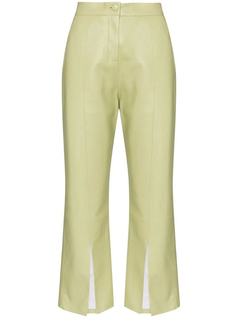 cropped faux leather flared trousers