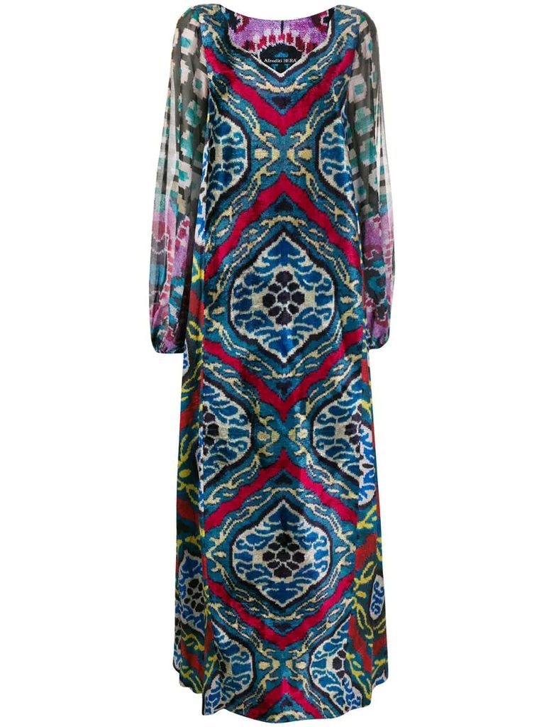 carpet-print velvet and chiffon gown