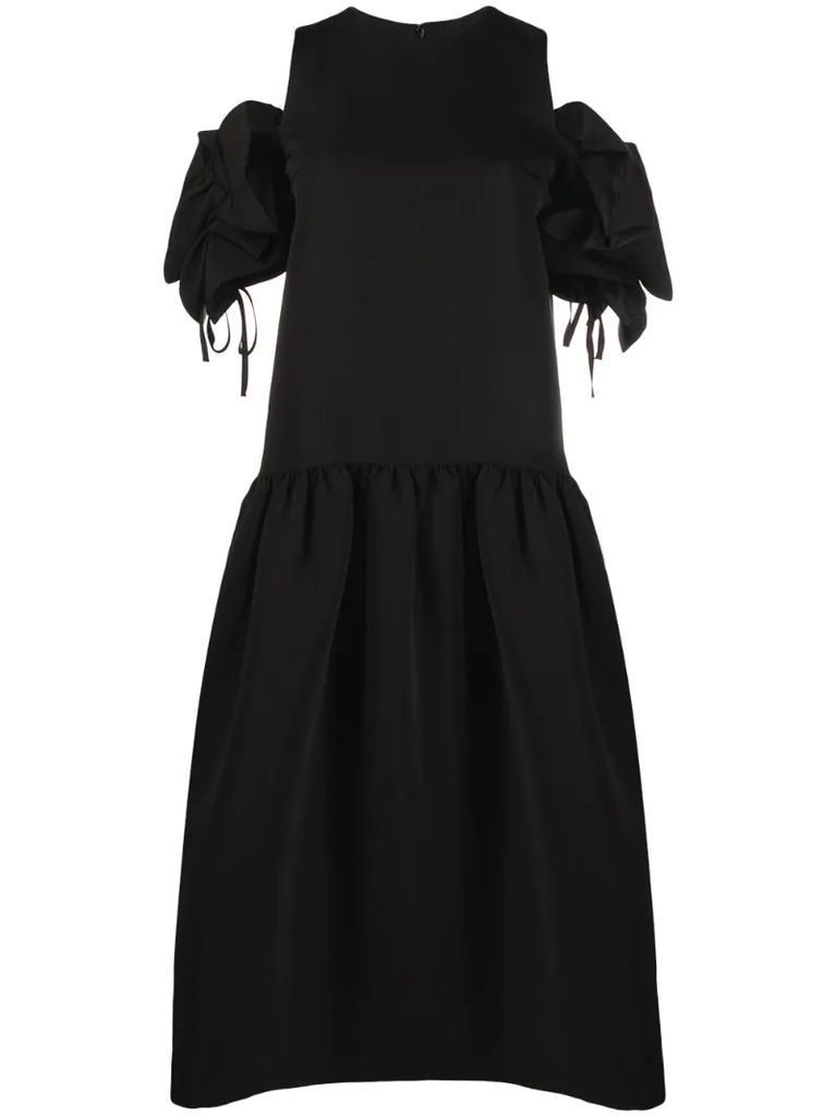 dropped-hem dress with ruffle-shoulder detail