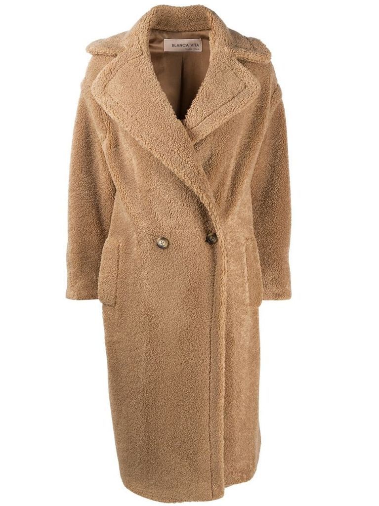 long double-breasted teddy coat