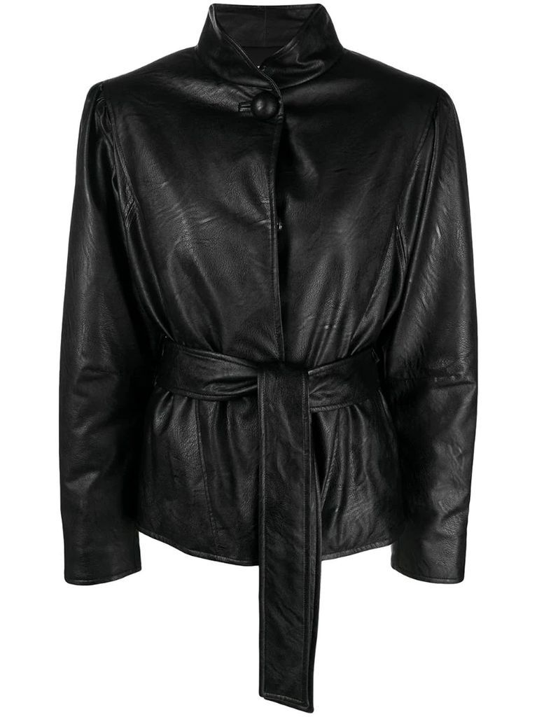 belted faux-leather jacket