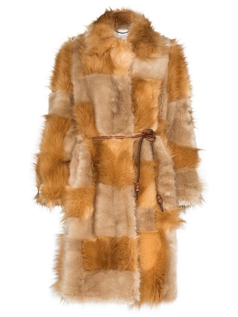 patchwork design faux-fur coat
