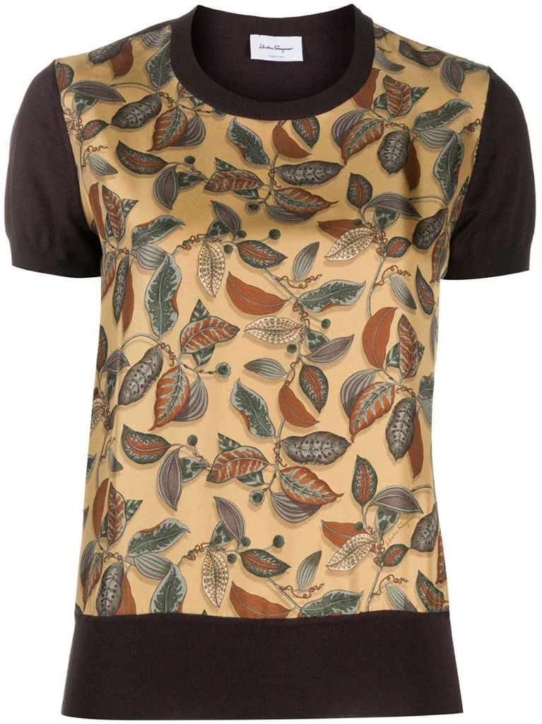 leaf print short-sleeved jumper