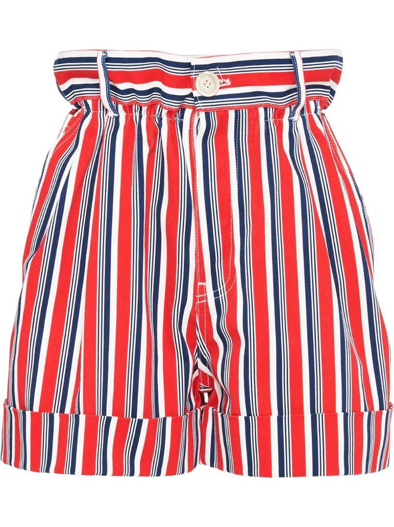striped gathered denim shorts