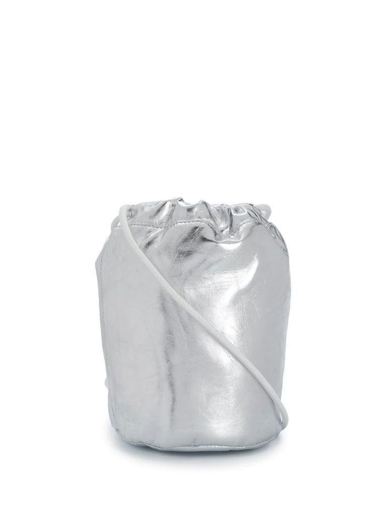 silver drawstring bucket bag