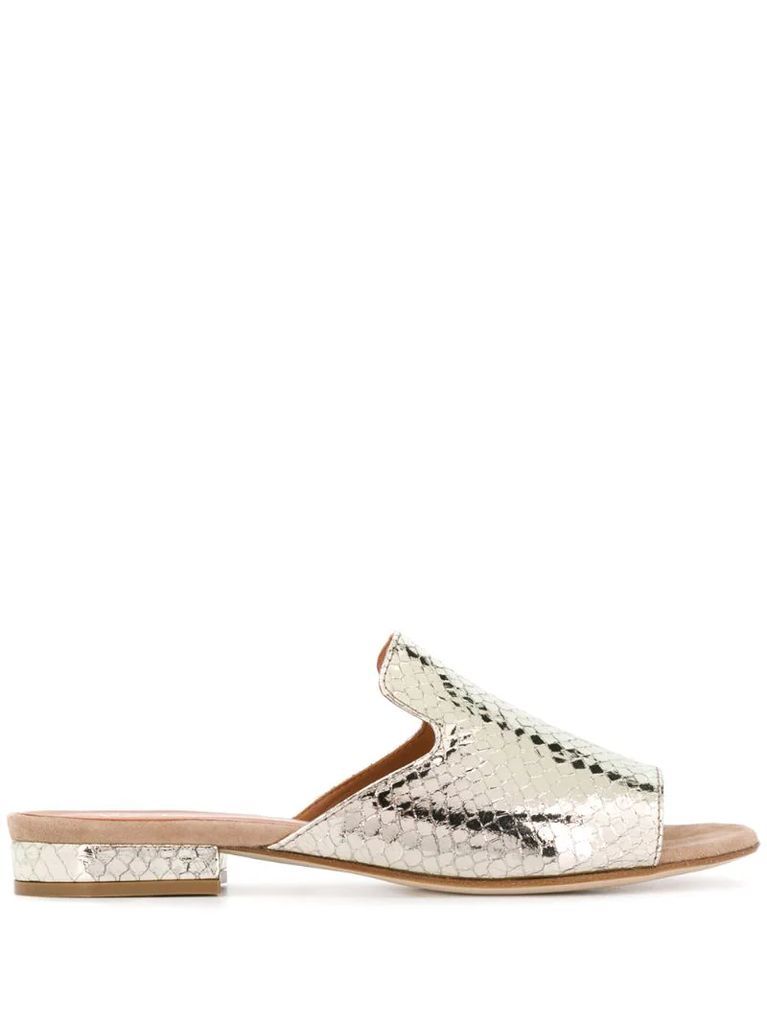 snake-textured mules