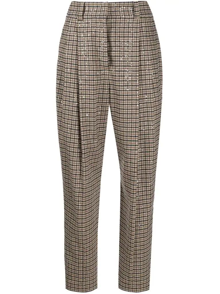 checked high-waisted trousers
