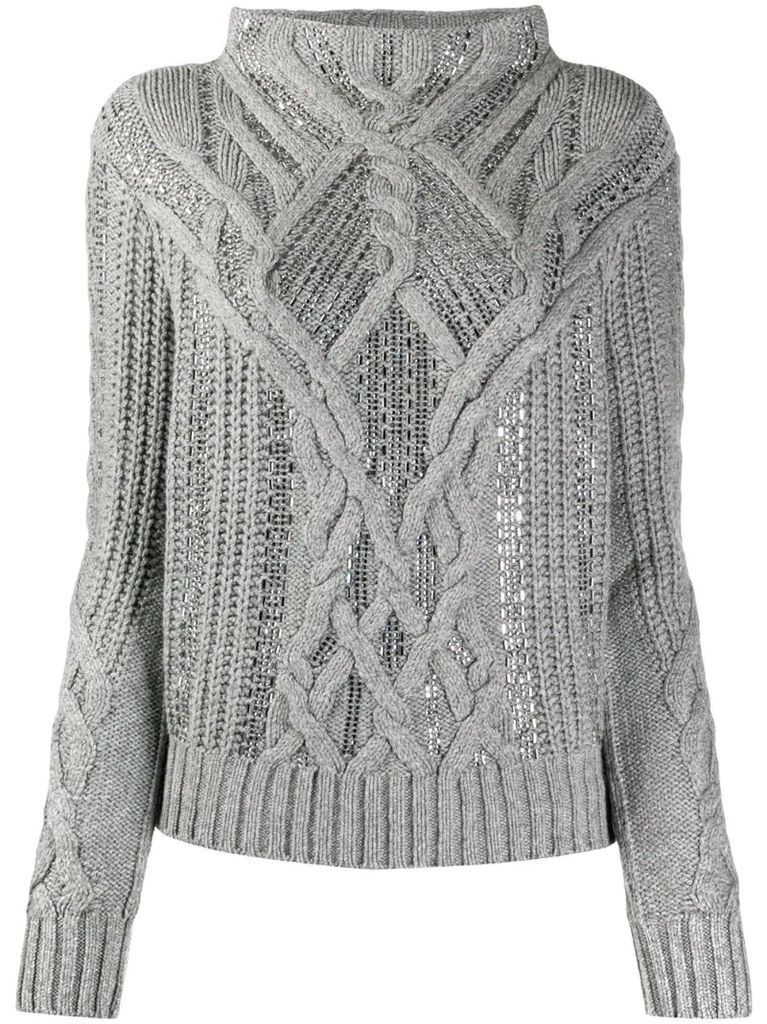crystal-embellished cable knit jumper