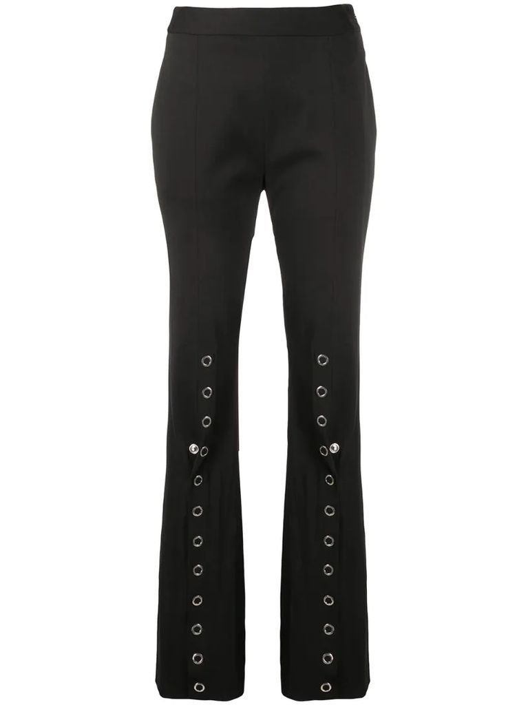 snap button front flared trousers