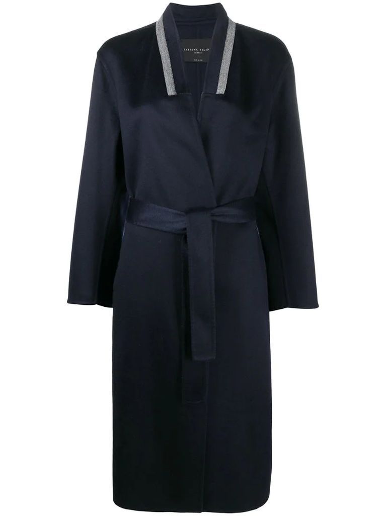 contrasting collar belted cashmere coat