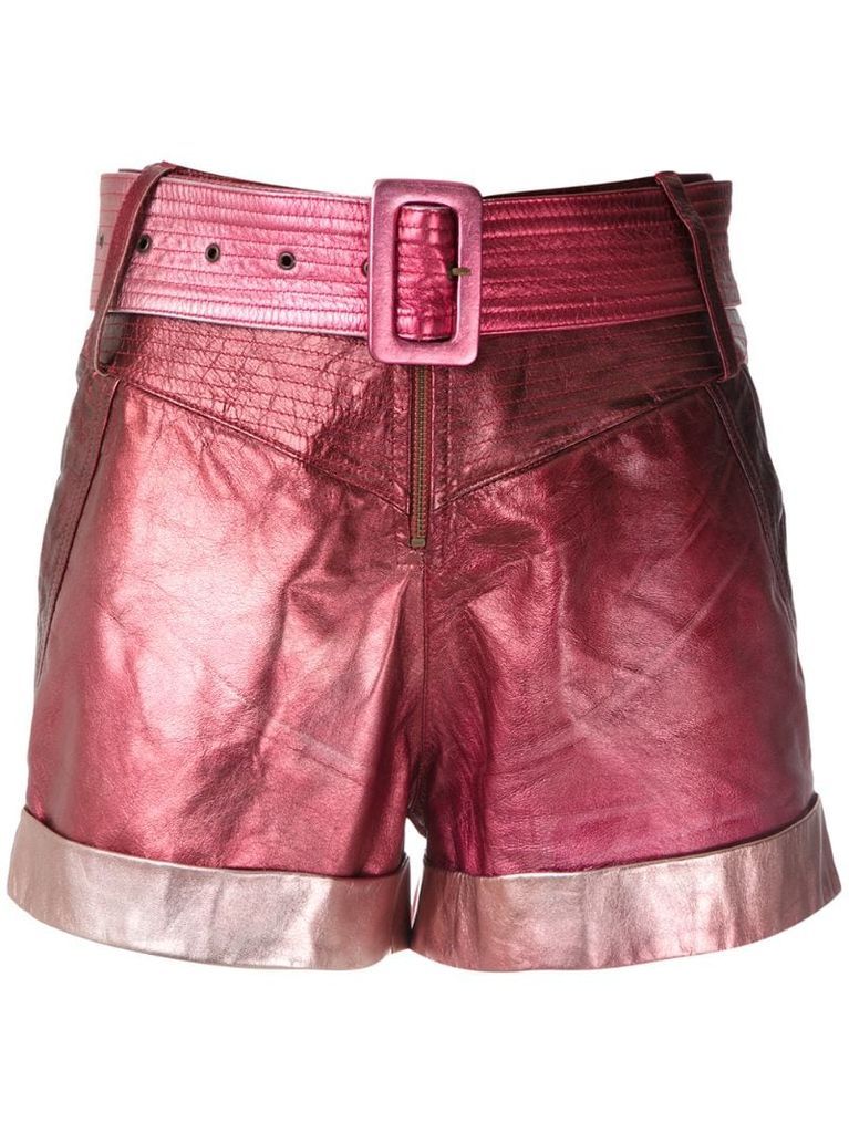 metallic belted leather shorts