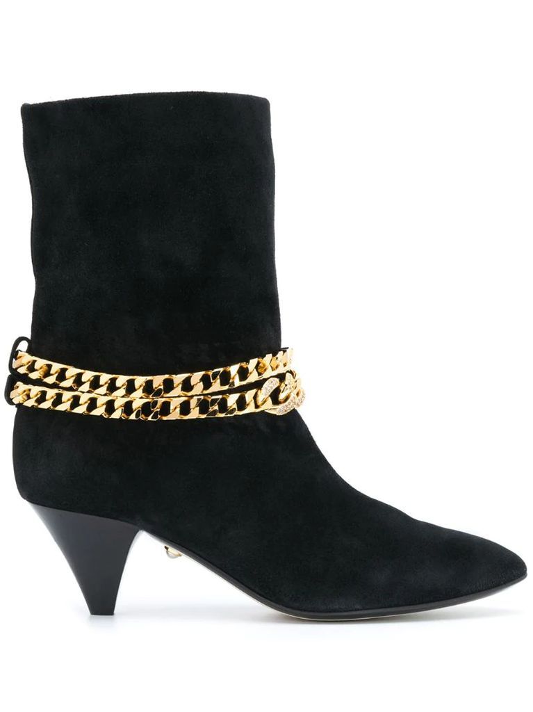 chain embellished mid-heel boots