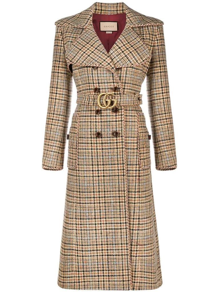check-print belted trench coat