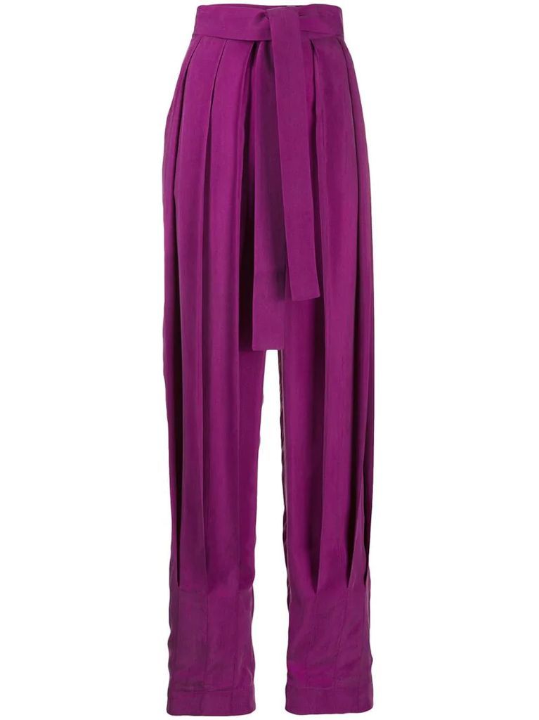 high-rise pleated tie-waist trousers