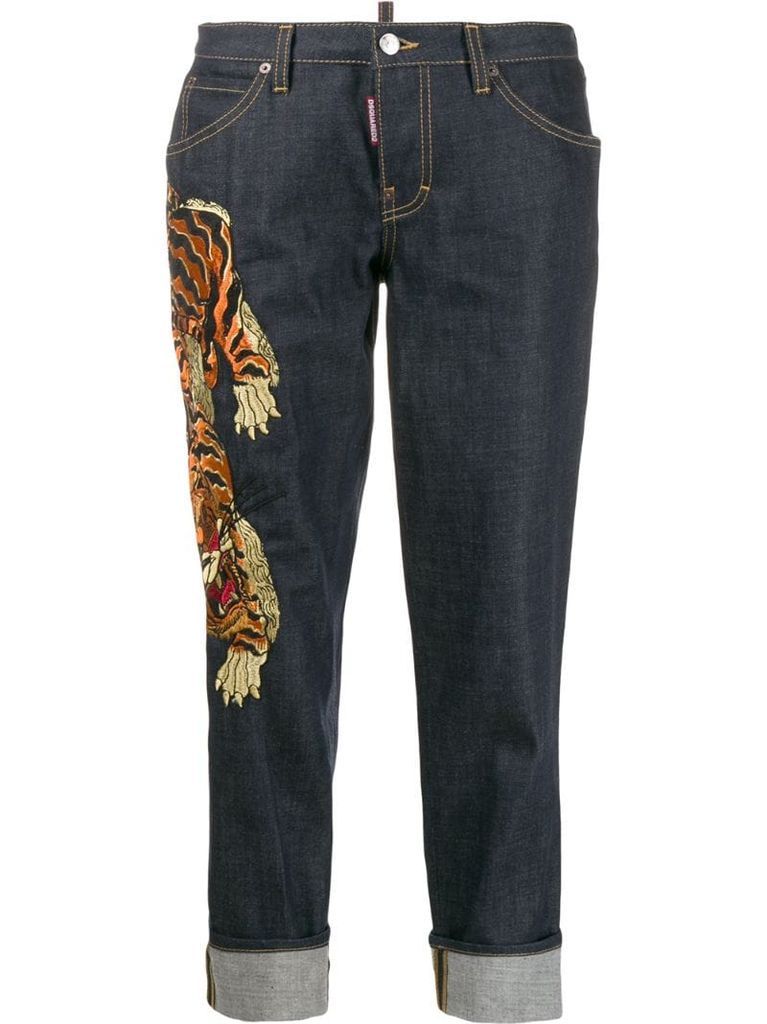 cropped tiger embroidered jeans