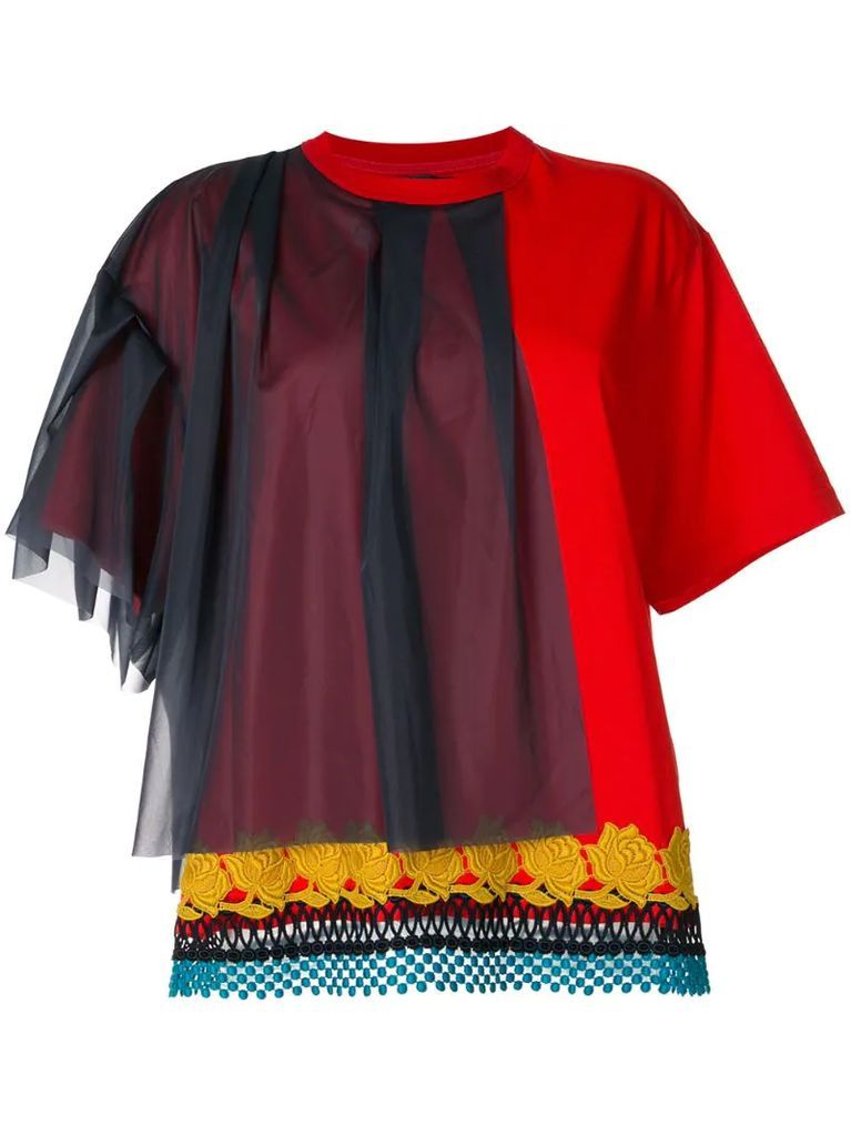 tulle-panelled embroidered T-shirt