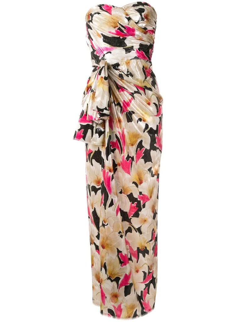 draped bow floral print dress