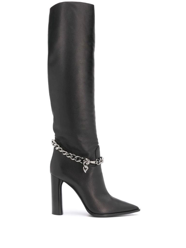 chain-embellished knee-high boots