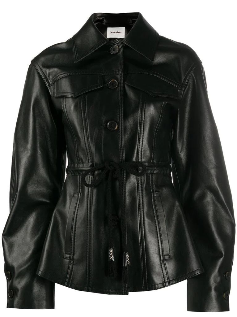 oversized sleeve belted leather jacket