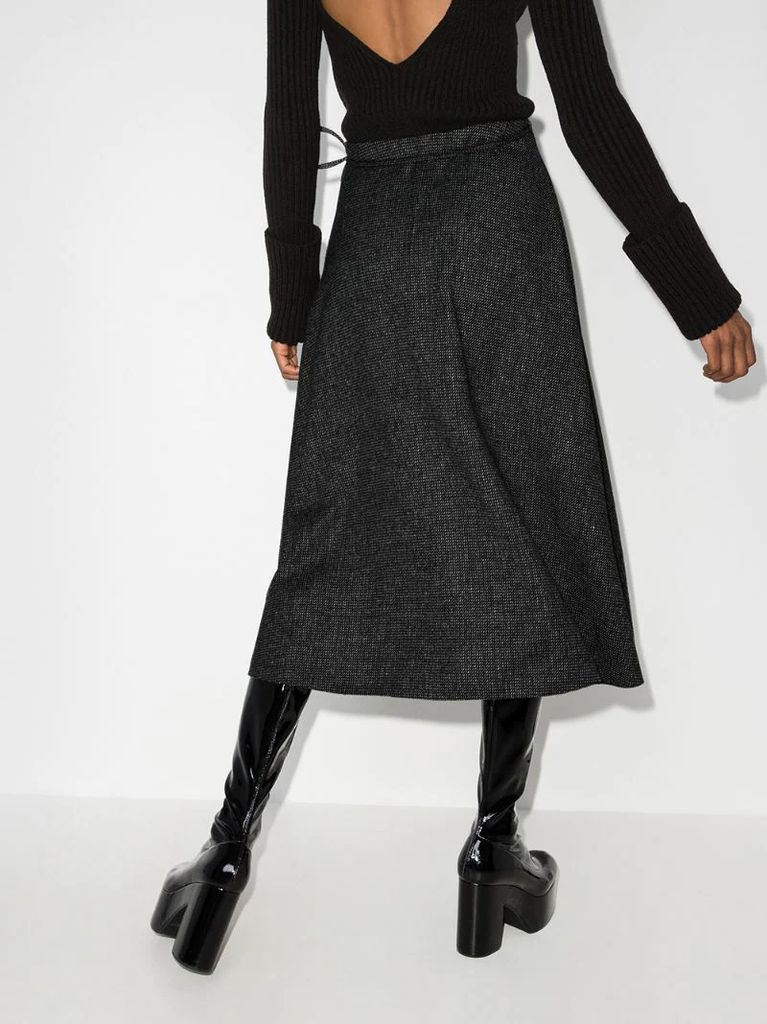 wrap-style wool midi skirt