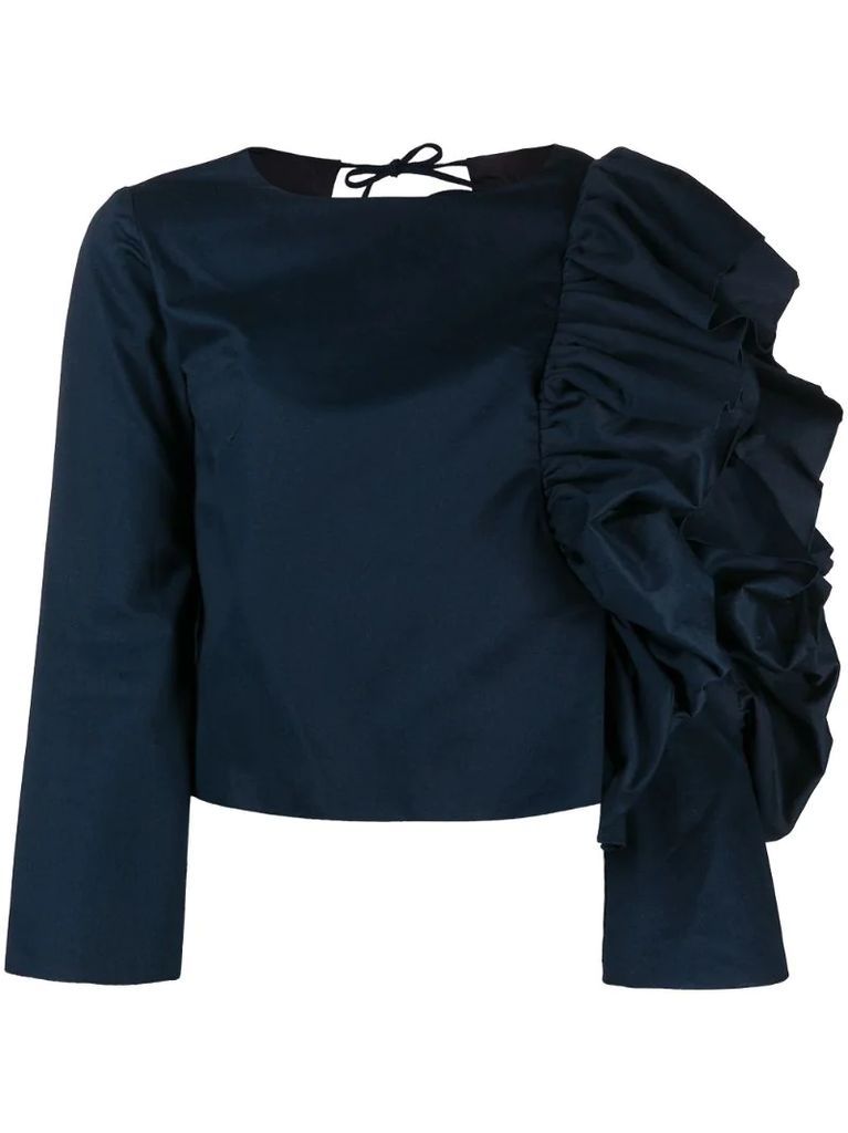 ruffled-sleeve open back blouse