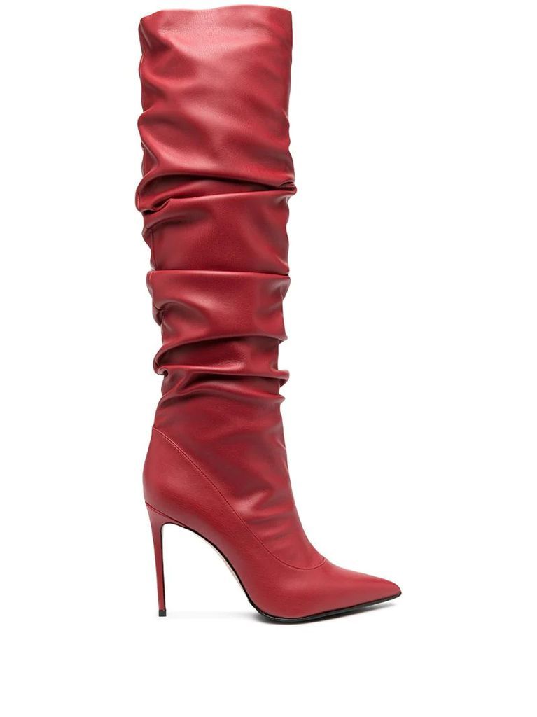 ruched knee-length leather boots