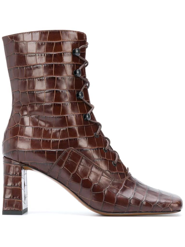 square-toe crocodile ankle boots