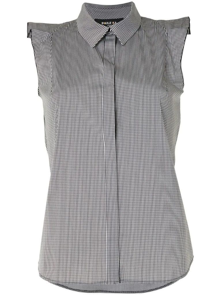 checked cap sleeve blouse