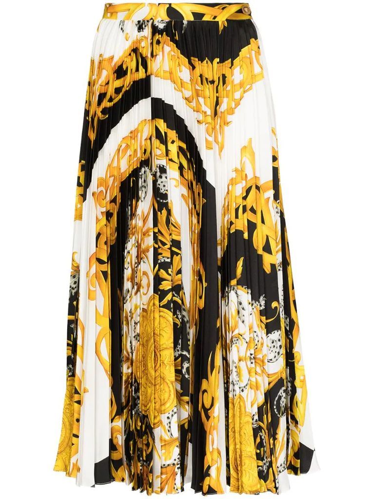 Baroque-print pleated midi skirt