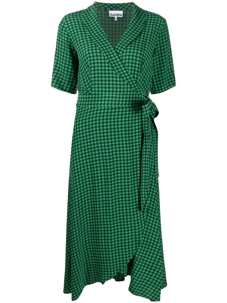 gingham-print wrap mid-length dress