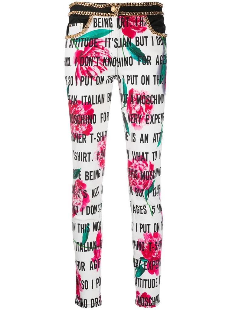chain-trimmed rose-print trousers