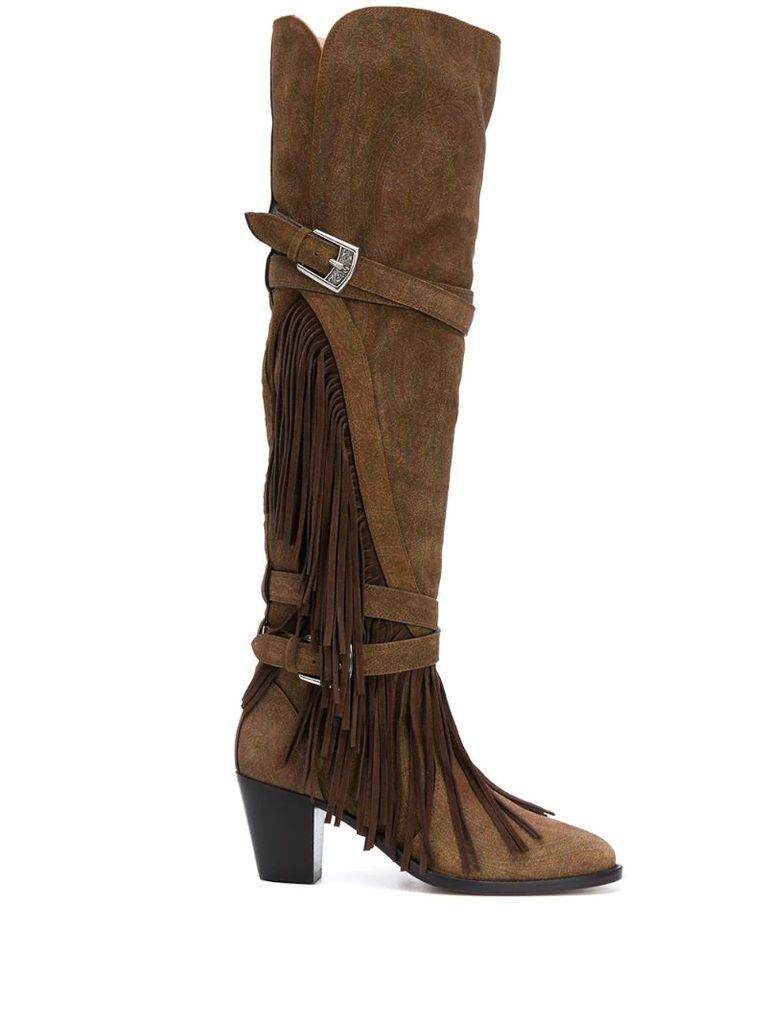 paisley-print knee-high boots