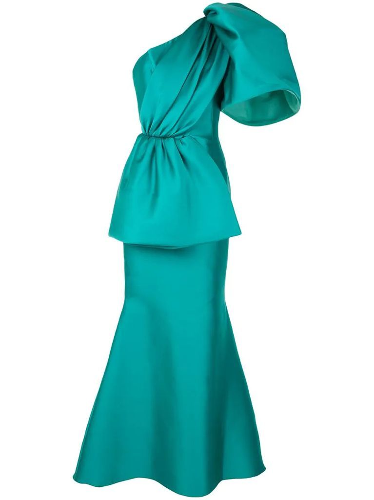 satin one-shoulder fishtail gown