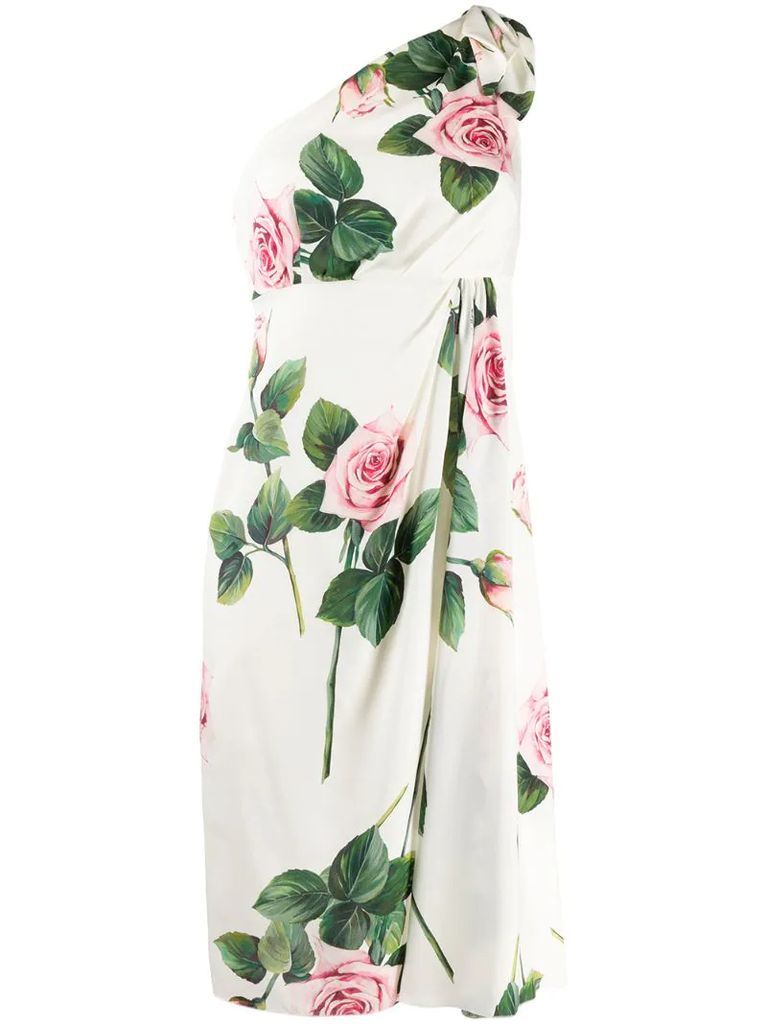 Tropical rose print one shoulder dress