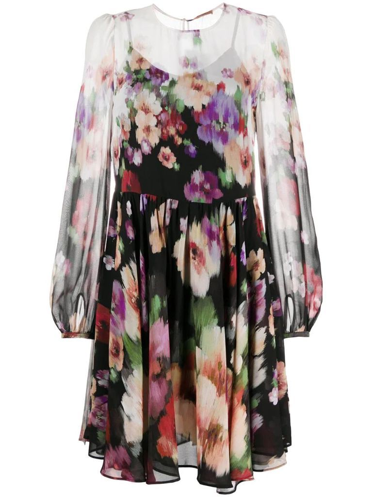 floral-print long sleeved chiffon dress