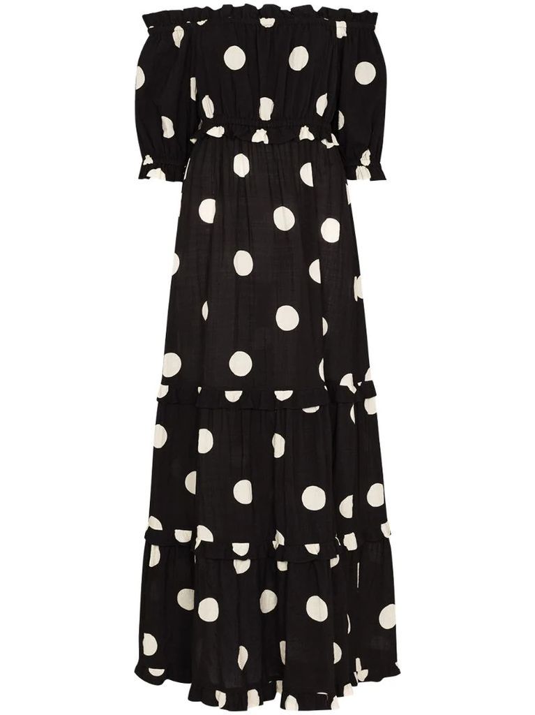 Macaroon off-shoulder polka-dot maxi dress