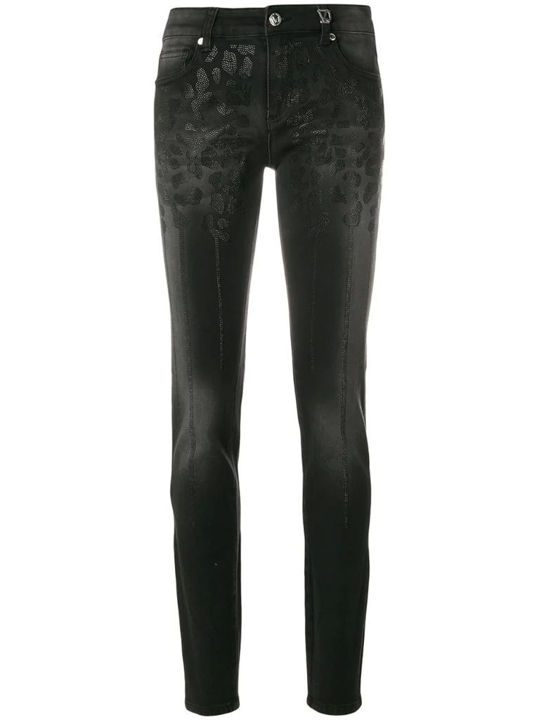 leopard crystal-embellished skinny jeans
