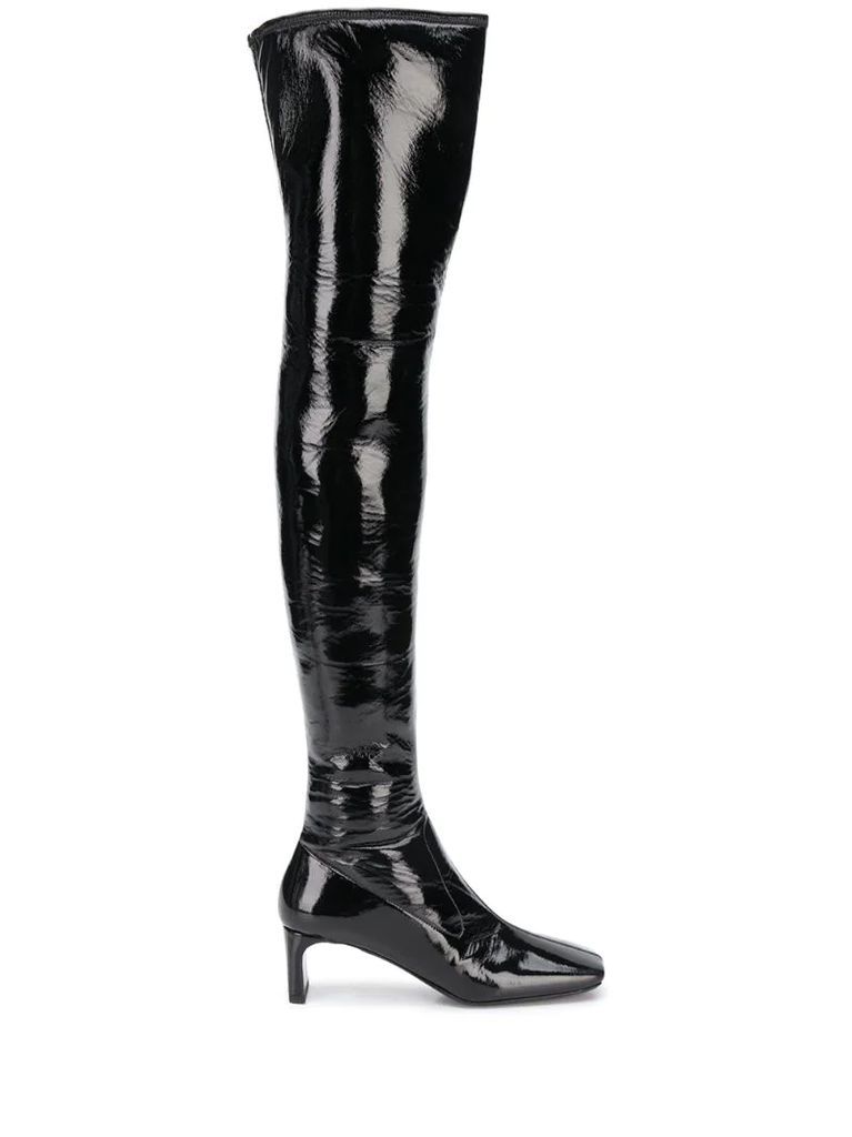 patent thigh-high boots