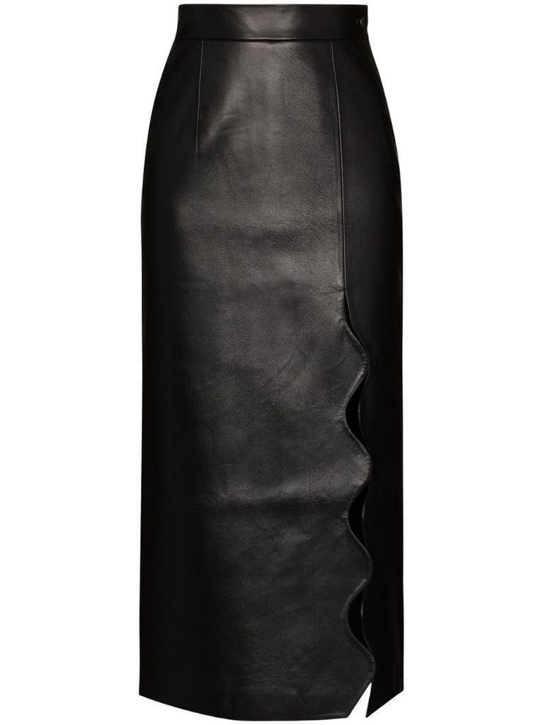 scalloped-edge faux-leather pencil skirt