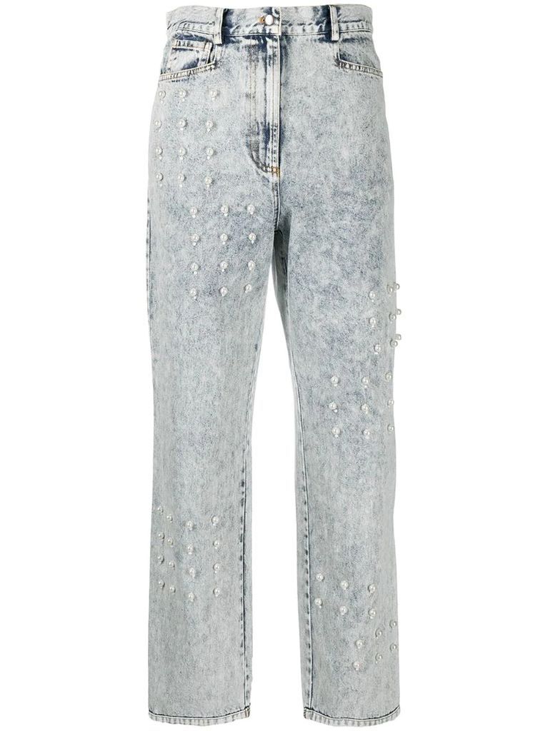faux pearl-embellished straight leg jeans