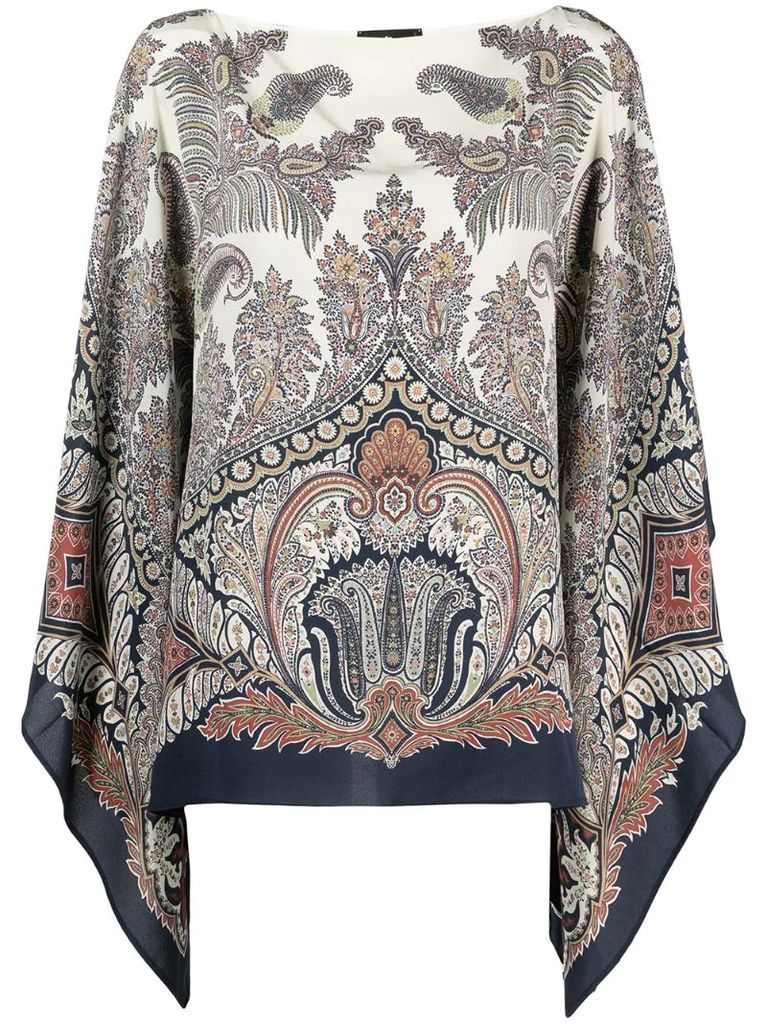 paisley embroidered draped silk blouse