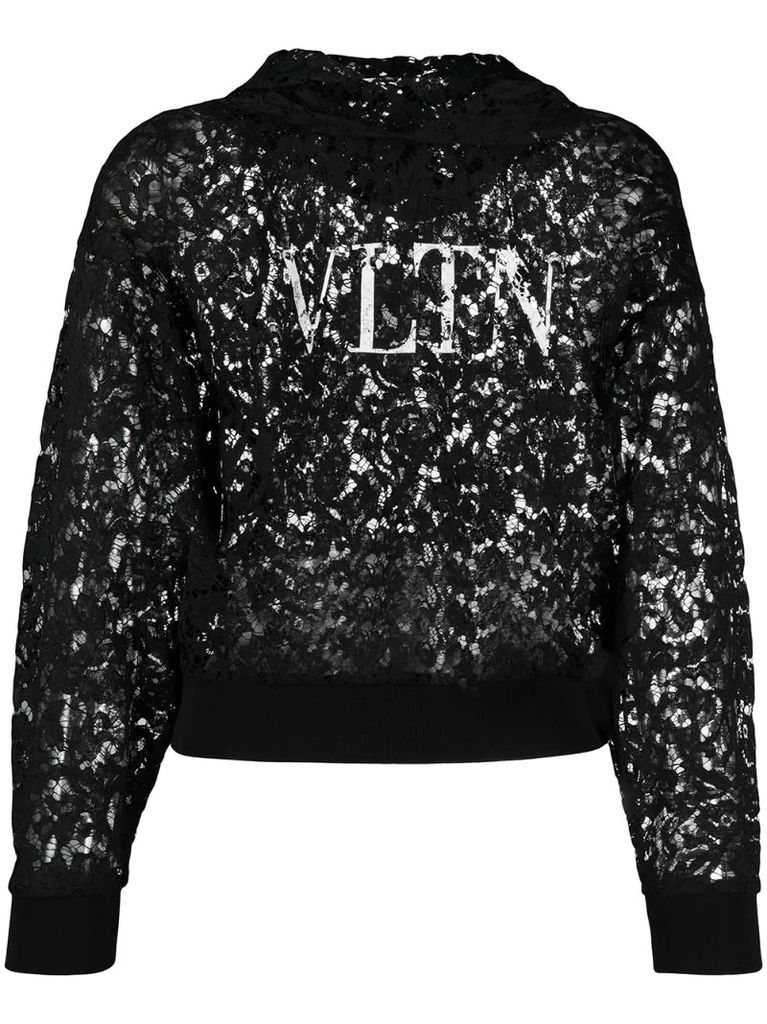logo-print lace-panel hoodie