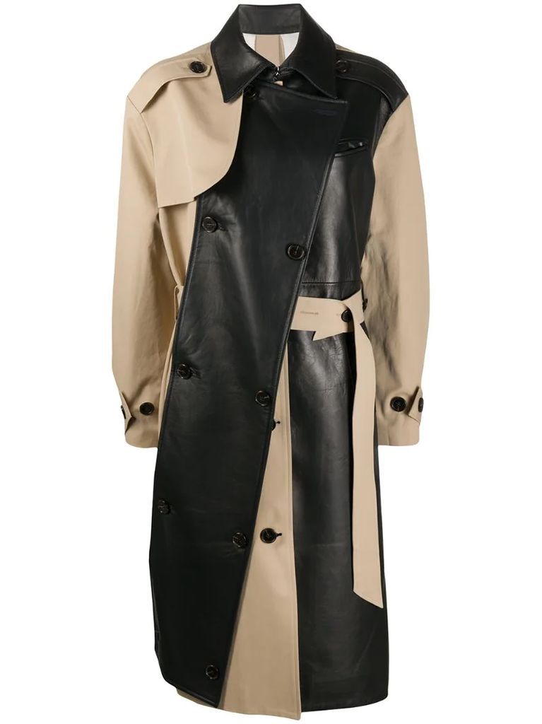 two-tone leather trench coat