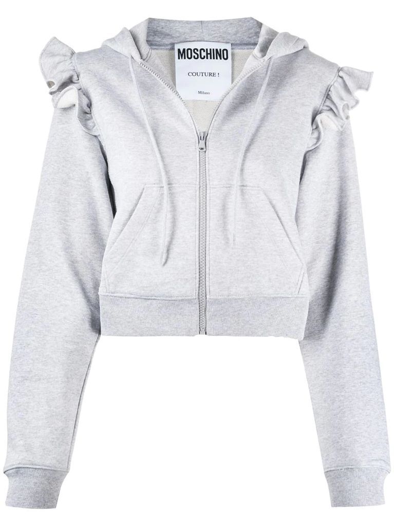 cropped frilled shoulder zipped hoodie